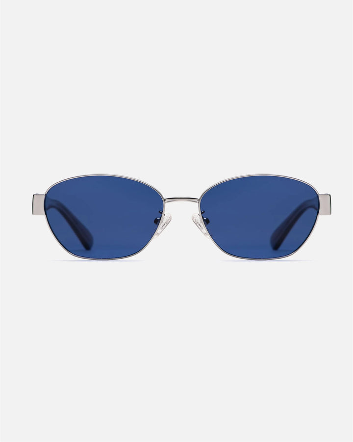 innsol Bate Y2K oval cat eye metal sunglasses with silver frame and tinted dark blue UV400 lenses