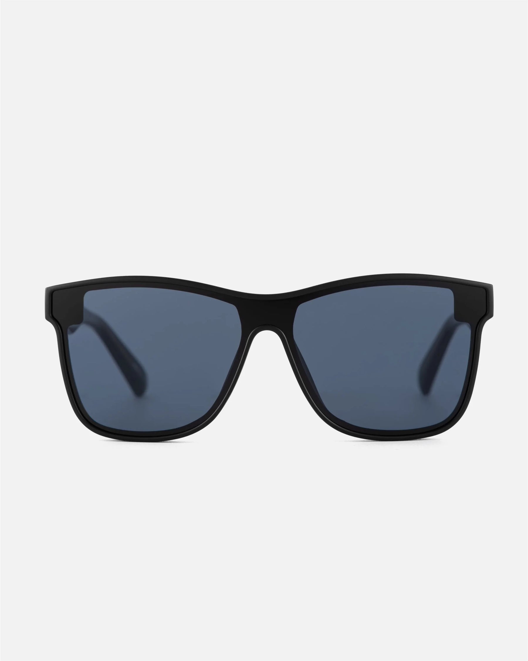 innsol Halo one-piece rectangular shield sunglasses with matte black frame and gray UV400 lenses