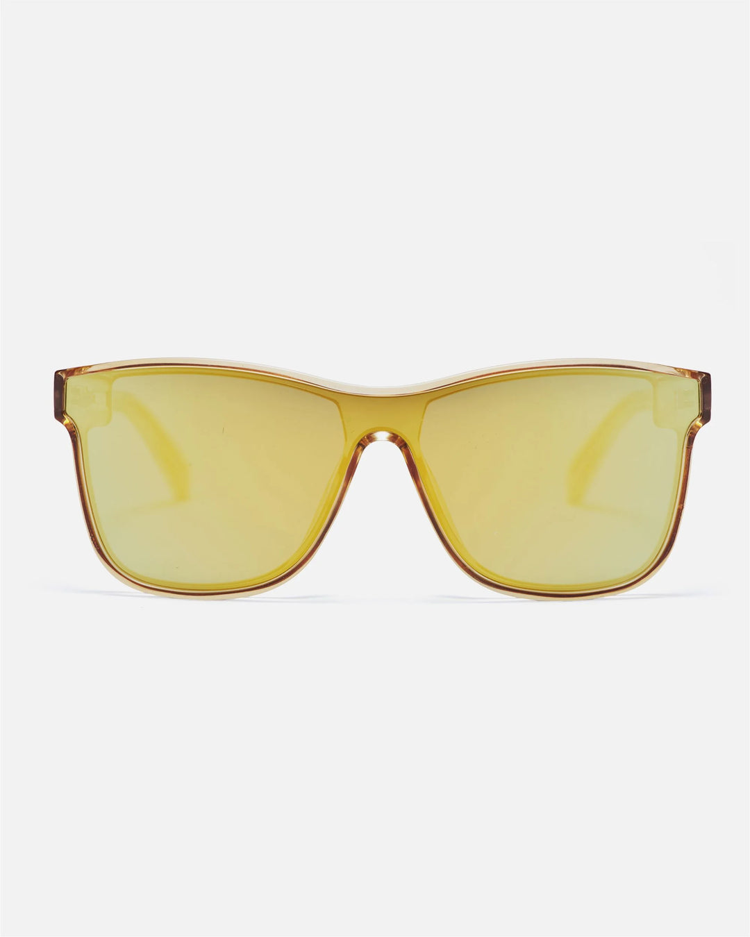 innsol Halo one-piece rectangular shield sunglasses with transparent gold frame and gold mirrored UV400 lenses
