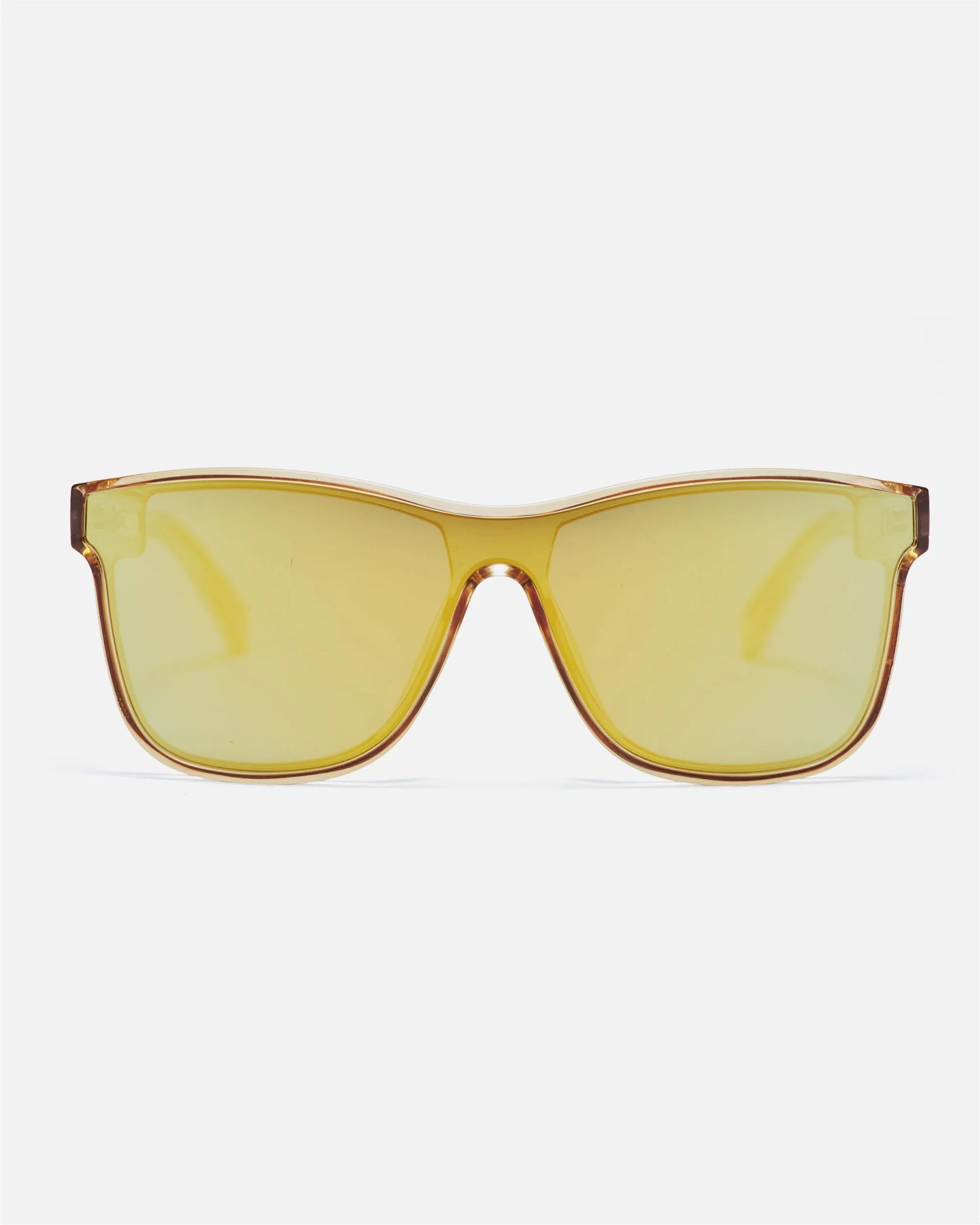 innsol Halo one-piece rectangular shield sunglasses with transparent gold frame and gold mirrored UV400 lenses