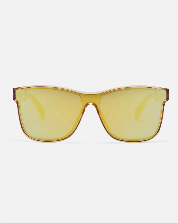 innsol Halo one-piece rectangular shield sunglasses with transparent gold frame and gold mirrored UV400 lenses
