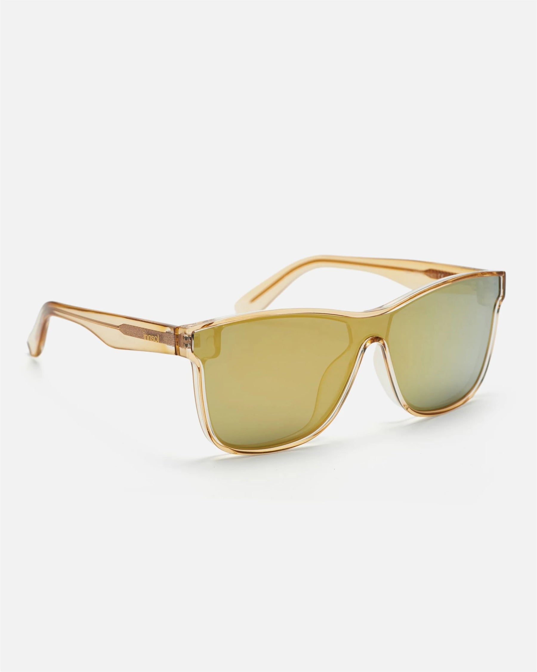 Side view of innsol Halo sunglasses showing transparent gold lightweight frame and gold mirrored lenses