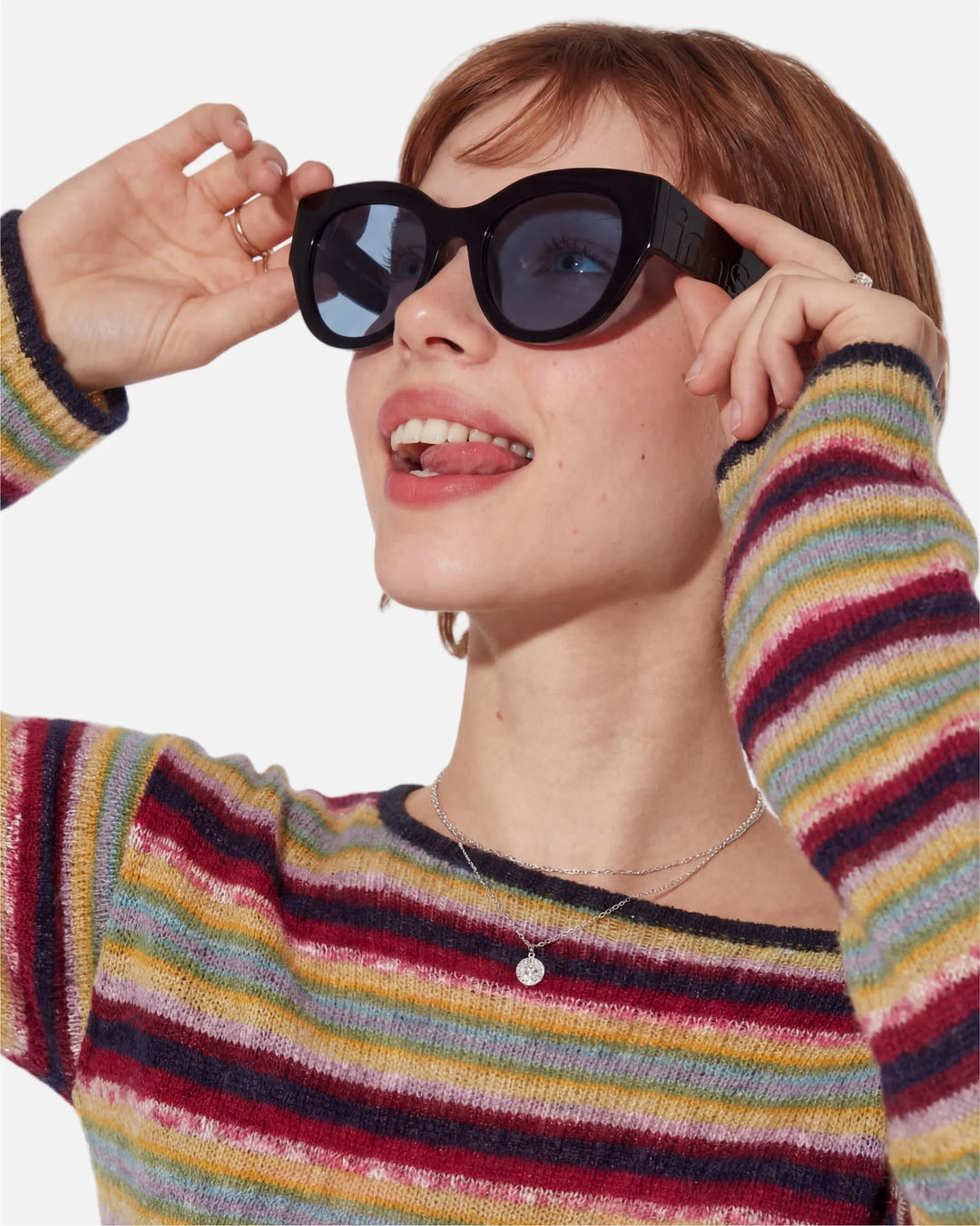 Model wearing innsol Lilly oversized cat eye sunglasses with chunky temples for brunch, resort wear, shopping days, and confident city walks