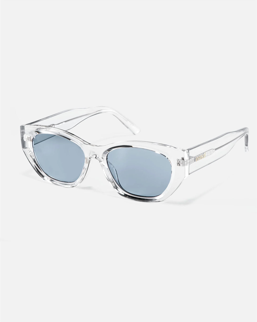 Alternate side angle of innsol Mesa sunglasses featuring upswept cat eye frame and lightweight everyday shape in transparent