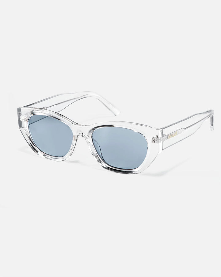 Alternate side angle of innsol Mesa sunglasses featuring upswept cat eye frame and lightweight everyday shape in transparent