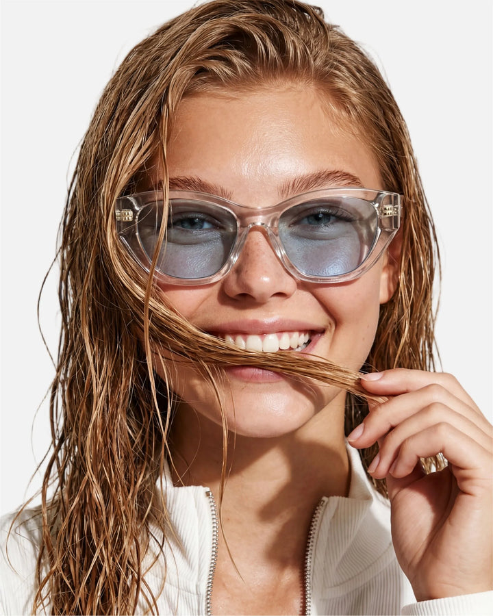 Model wearing innsol Mesa retro cat eye sunglasses for brunch, travel, and polished everyday outfits