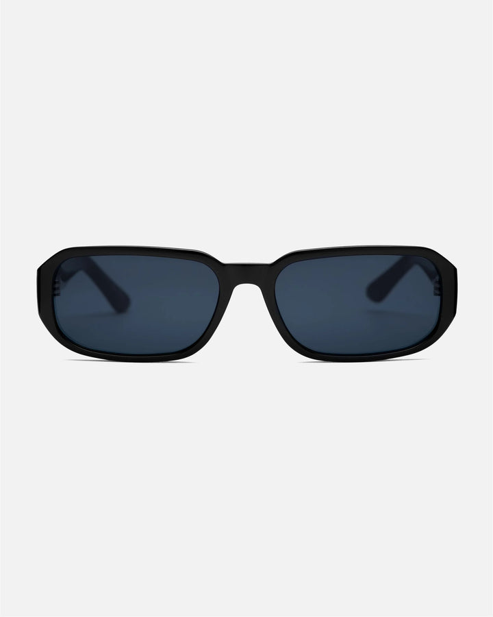 innsol Romeo minimalist small rectangular sunglasses with gloss black frame and gray UV400 lenses