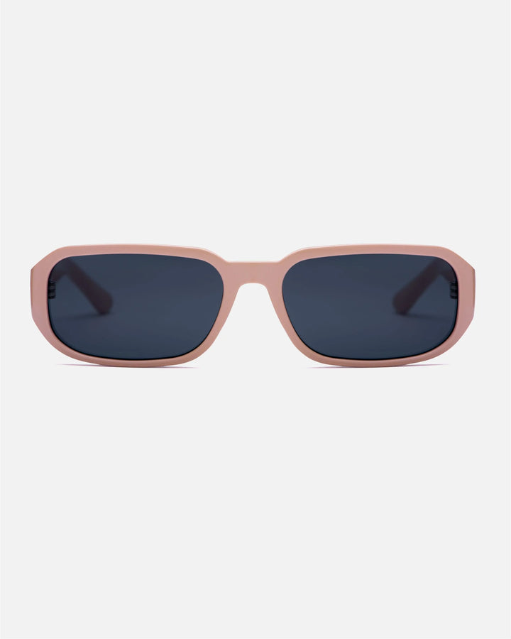 innsol Romeo minimalist small rectangular sunglasses with gloss solid pink frame and gray UV400 lenses