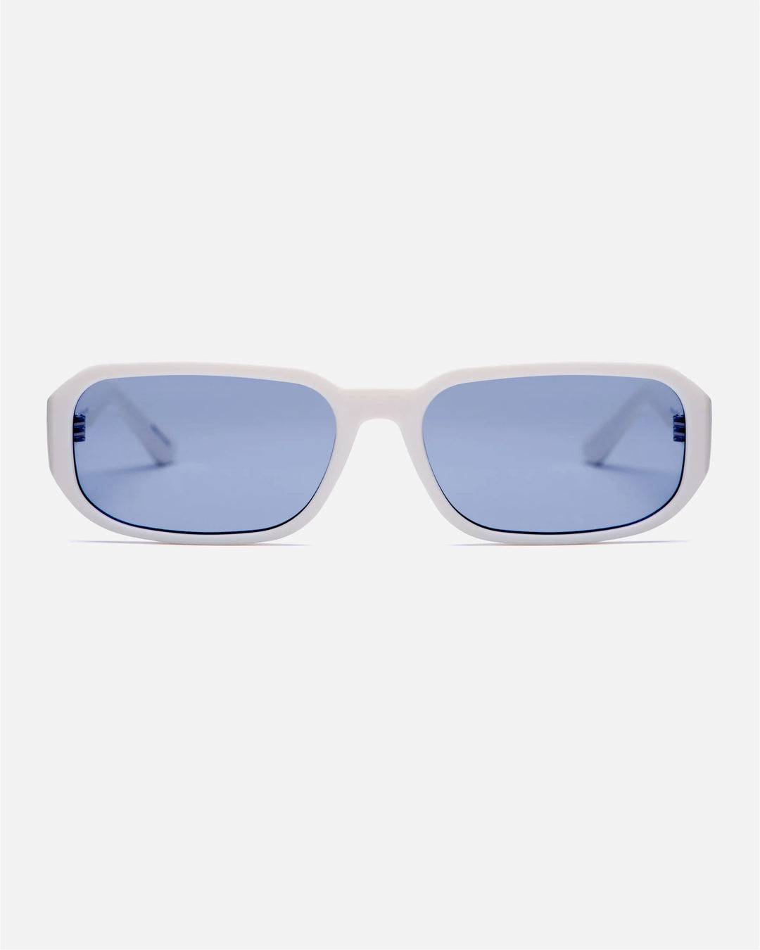 innsol Romeo minimalist small rectangular sunglasses with gloss white frame and tinted light blue UV400 lenses