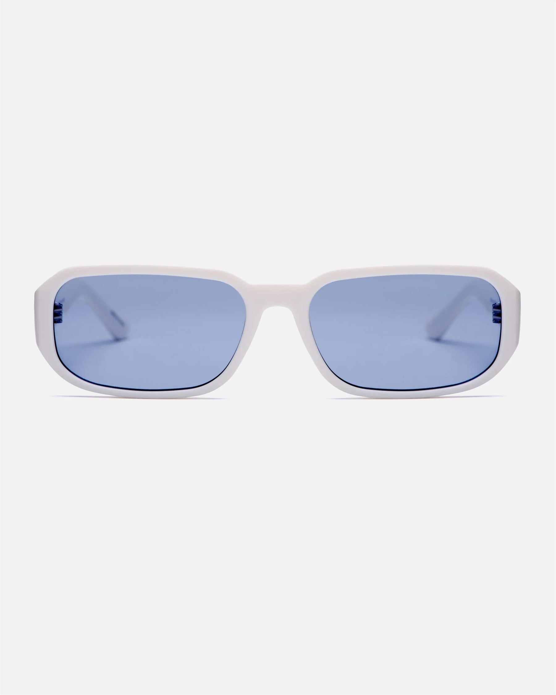 innsol Romeo minimalist small rectangular sunglasses with gloss white frame and tinted light blue UV400 lenses