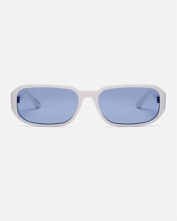 innsol Romeo minimalist small rectangular sunglasses with gloss white frame and tinted light blue UV400 lenses