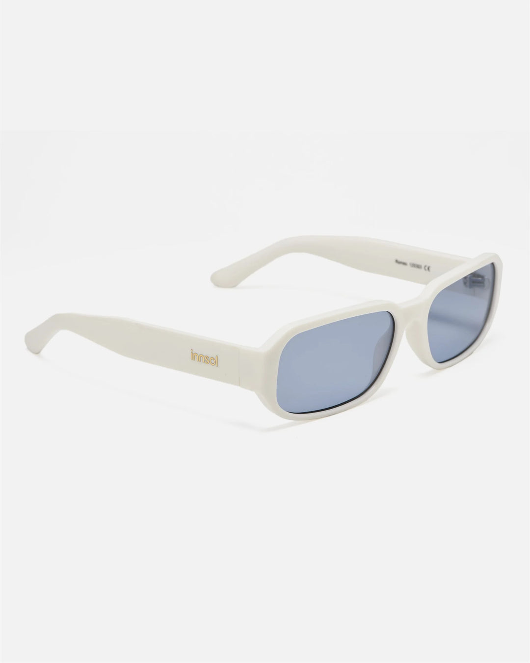 Side view of innsol Romeo sunglasses showing gloss white lightweight frame and tinted light blue lenses
