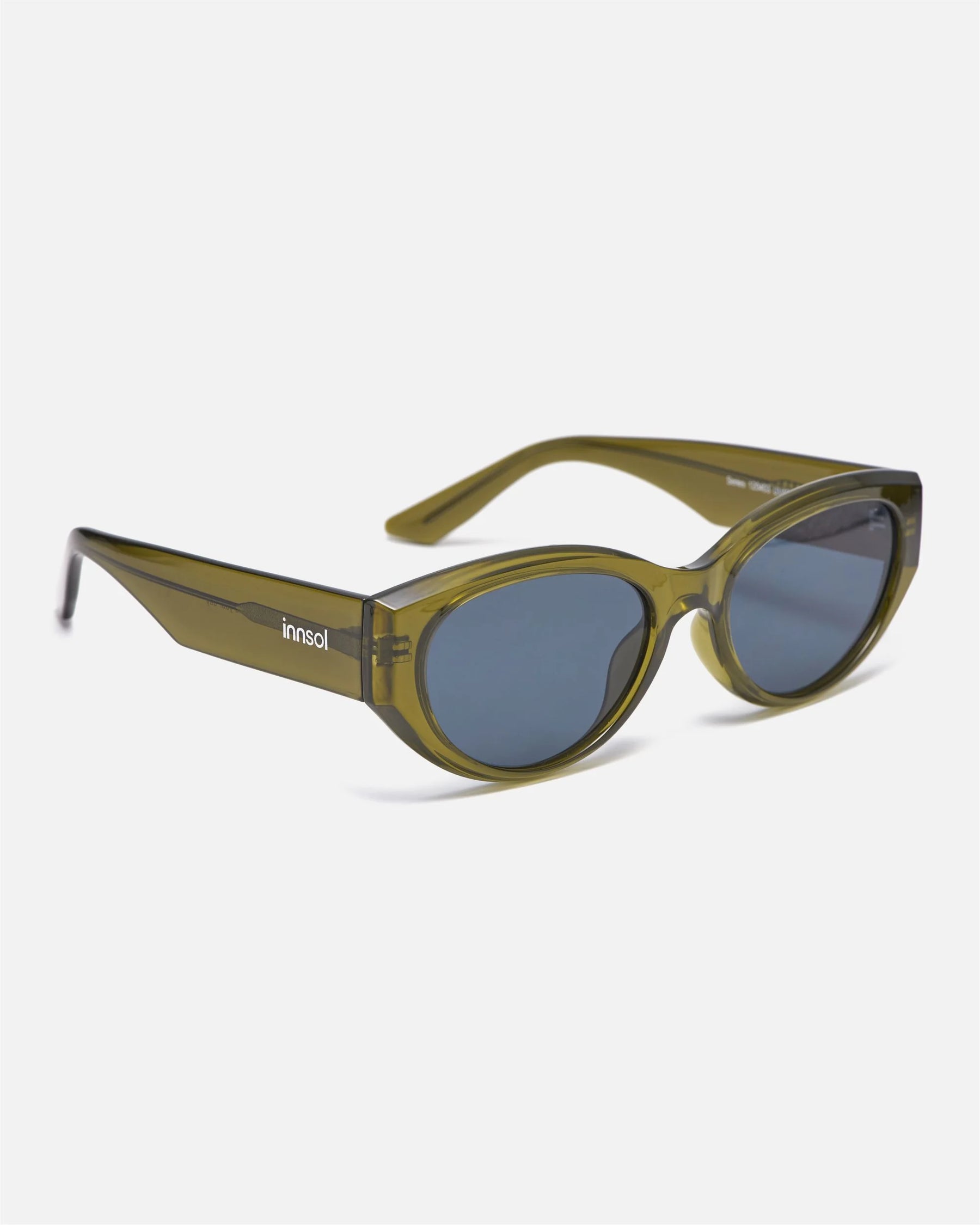 Side view of innsol Series sunglasses showing transparent green lightweight frame and gray lenses