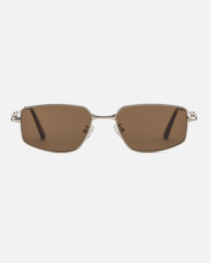 innsol Skyway neo-vintage narrow rectangular metal sunglasses with silver frame and brown UV400 lenses